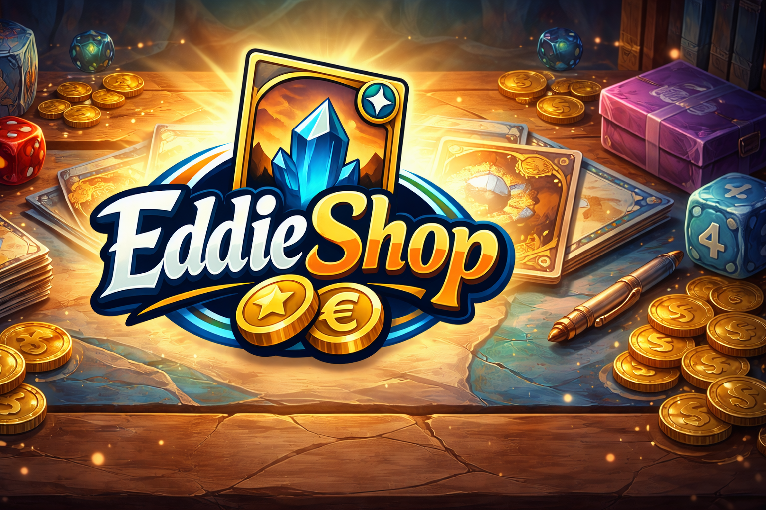 EddieShop banner with collectible cards, a blue crystal and gold coins.
